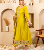 Floral embroidered viscose rayon round neck kurta trosuer & dupatta set