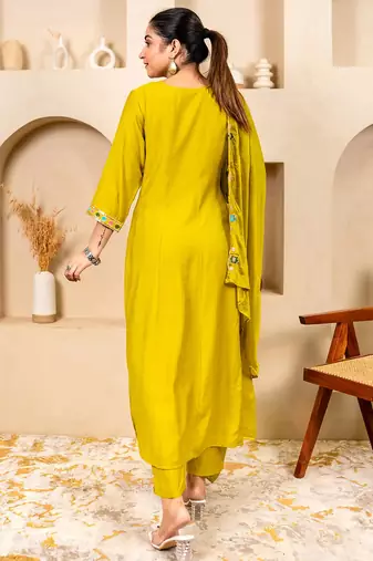 Floral embroidered viscose rayon round neck kurta trosuer & dupatta set