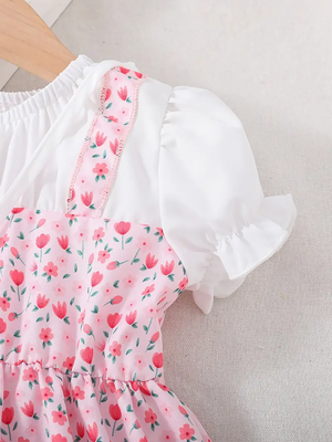 Peach floral print puff sleeve fit & flare girls dress with heart sling bag 5