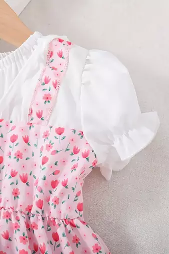 Peach floral print puff sleeve fit & flare girls dress with heart sling bag