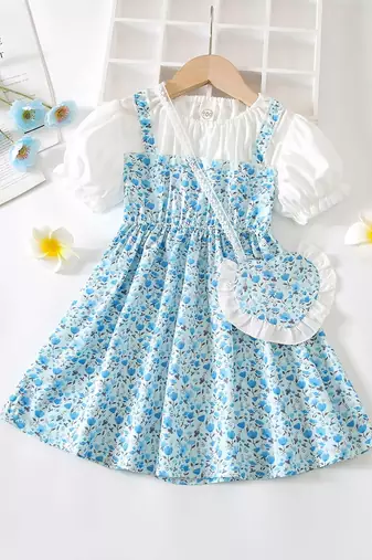 Blue floral print puff sleeve fit & flare girls dress with heart sling bag