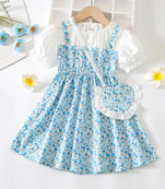 Blue floral print puff sleeve fit & flare girls dress with heart sling bag
