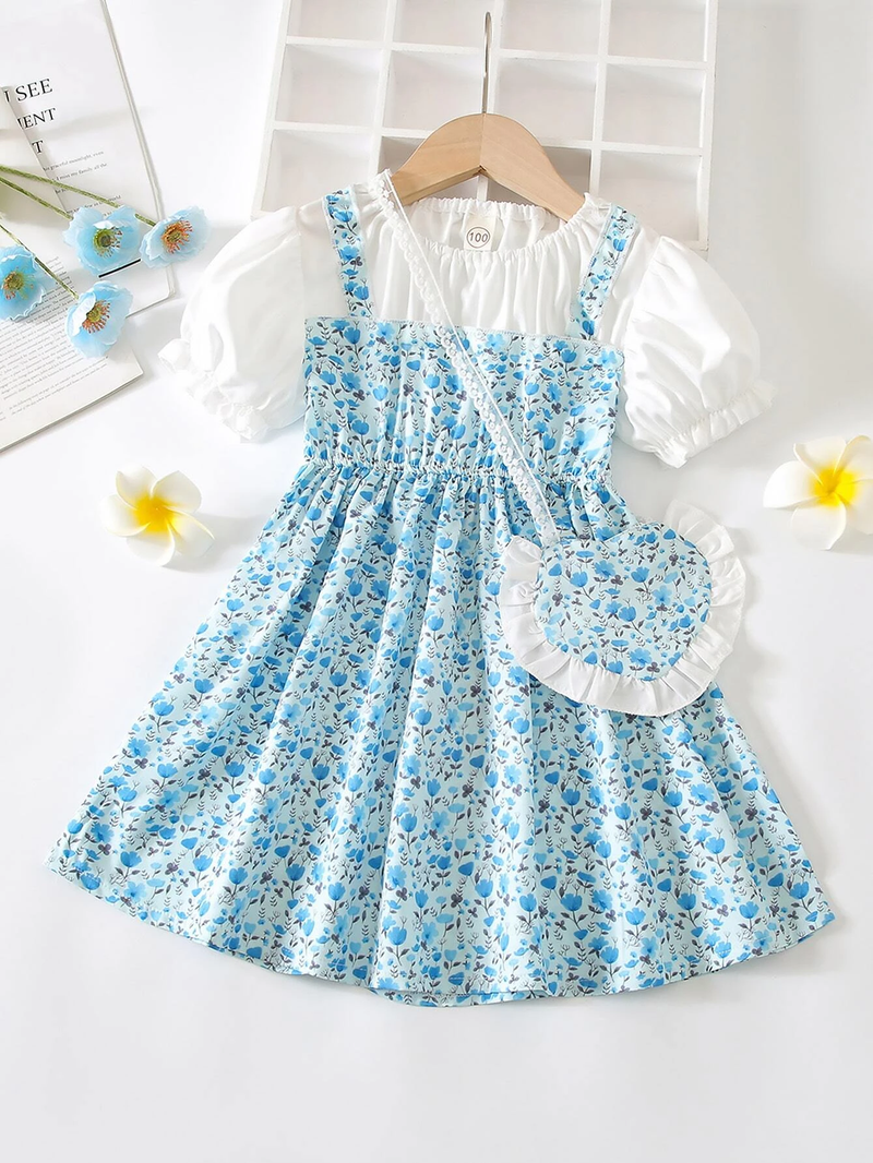 Blue floral print puff sleeve fit & flare girls dress with heart sling bag