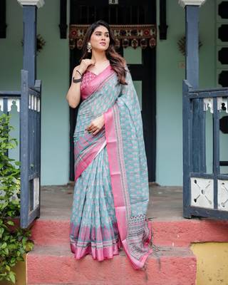 sky blue colour Ready to wear saree with unstitched blouse 2