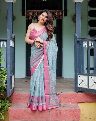 sky blue colour Ready to wear saree with unstitched blouse 3