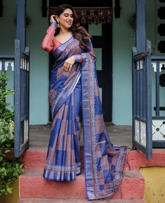 blue colour Ready to wear saree with unstitched blouse 2