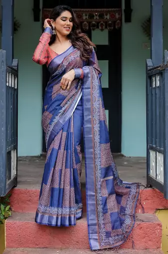 blue colour Ready to wear saree with unstitched blouse
