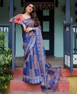 blue colour Ready to wear saree with unstitched blouse 3