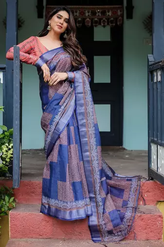 blue colour Ready to wear saree with unstitched blouse