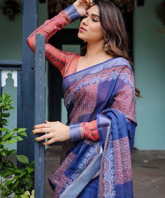blue colour Ready to wear saree with unstitched blouse 4