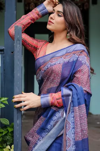 blue colour Ready to wear saree with unstitched blouse