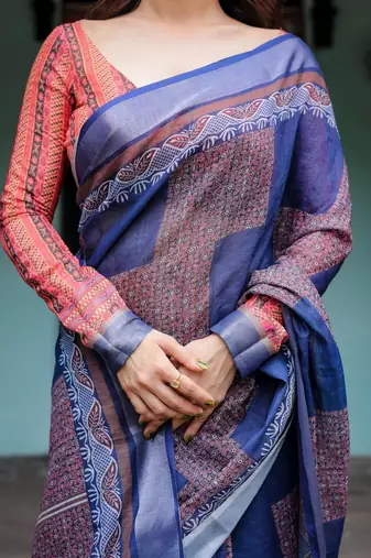 blue colour Ready to wear saree with unstitched blouse