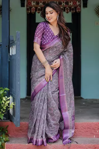 purple colour Ready to wear saree with unstitched blouse