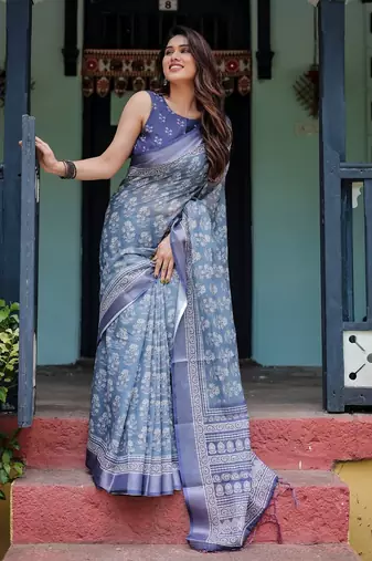 sky blue colour Ready to wear saree with unstitched blouse