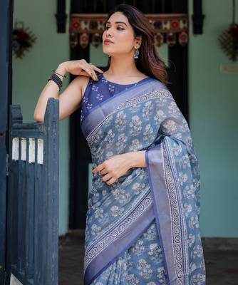 sky blue colour Ready to wear saree with unstitched blouse 5