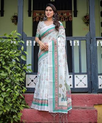 ivory colour Ready to wear saree with unstitched blouse 3