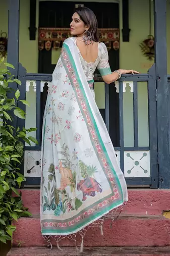 ivory colour Ready to wear saree with unstitched blouse