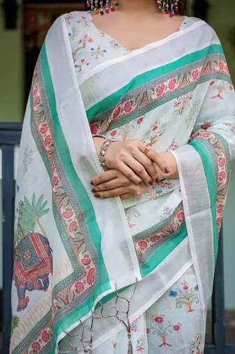 ivory colour Ready to wear saree with unstitched blouse