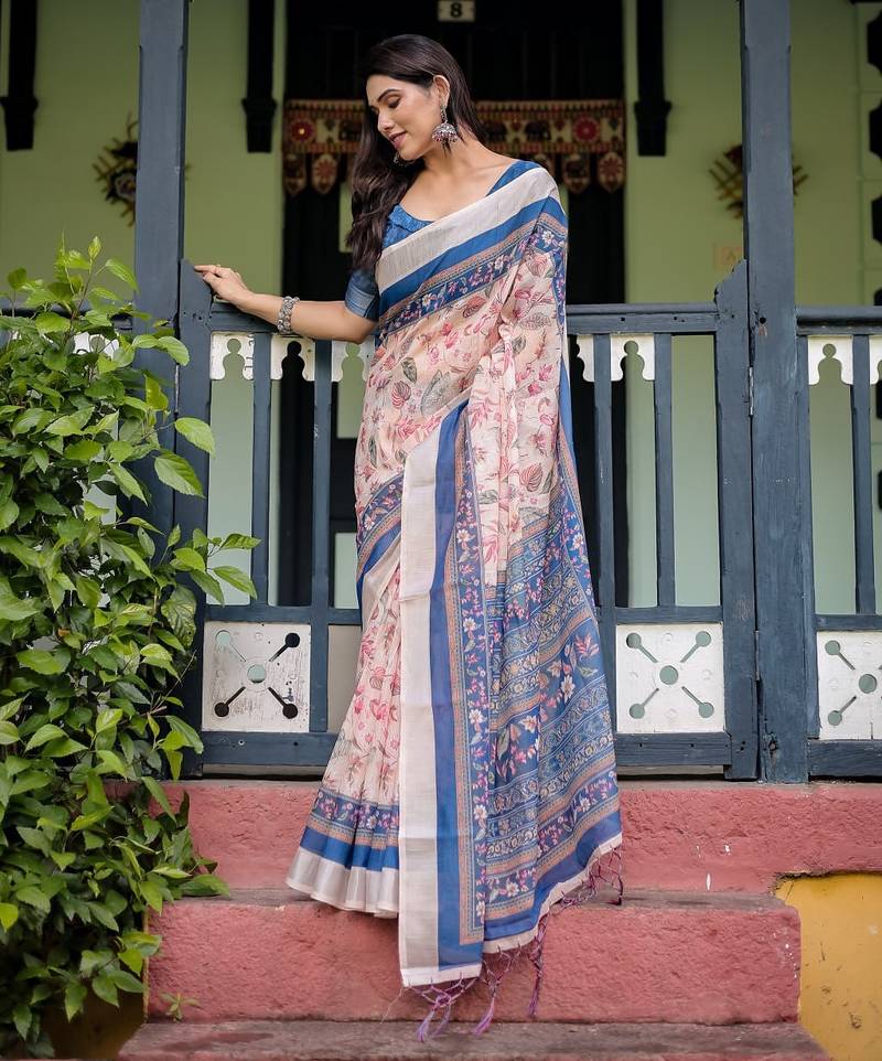 peach color Ready to wear saree with unstitched blouse