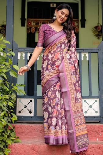 wine colour Ready to wear saree with unstitched blouse