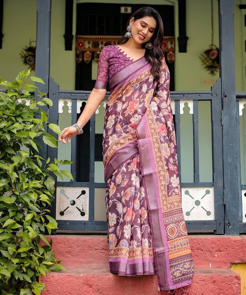 wine colour Ready to wear saree with unstitched blouse