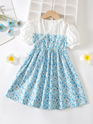 Blue floral print puff sleeve fit & flare girls dress with heart sling bag 2