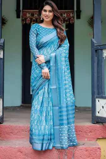 sky blue colour Ready to wear saree with unstitched blouse