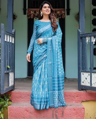 sky blue colour Ready to wear saree with unstitched blouse 3