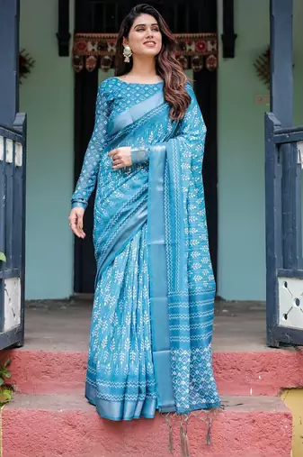 sky blue colour Ready to wear saree with unstitched blouse
