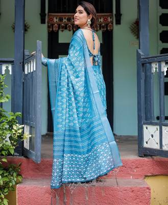 sky blue colour Ready to wear saree with unstitched blouse 4