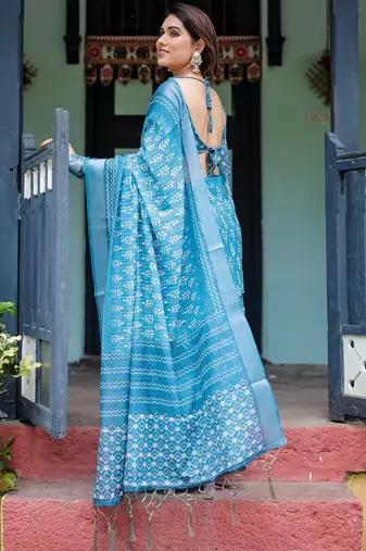 sky blue colour Ready to wear saree with unstitched blouse