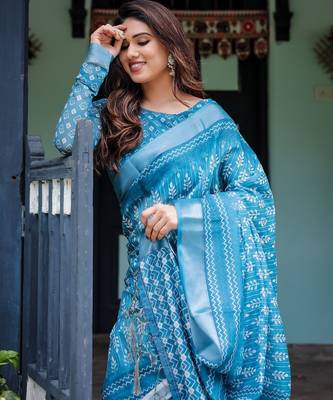 sky blue colour Ready to wear saree with unstitched blouse 5