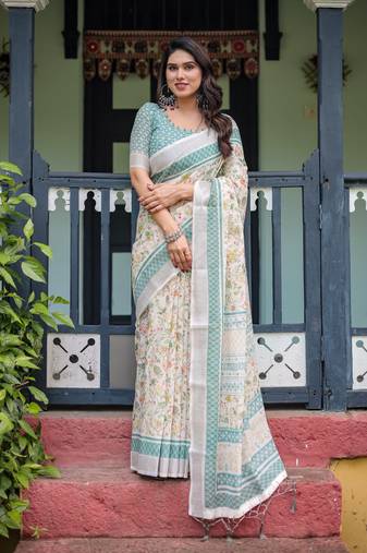 cream colour Ready to wear saree with unstitched blouse