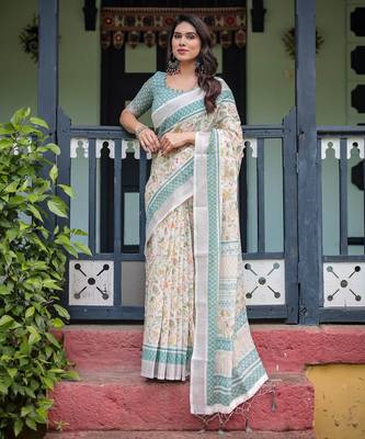 cream colour Ready to wear saree with unstitched blouse 2