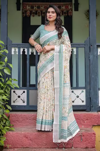 cream colour Ready to wear saree with unstitched blouse