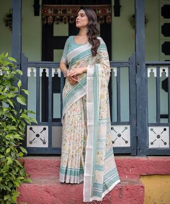 cream colour Ready to wear saree with unstitched blouse 3