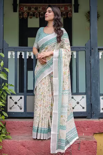 cream colour Ready to wear saree with unstitched blouse