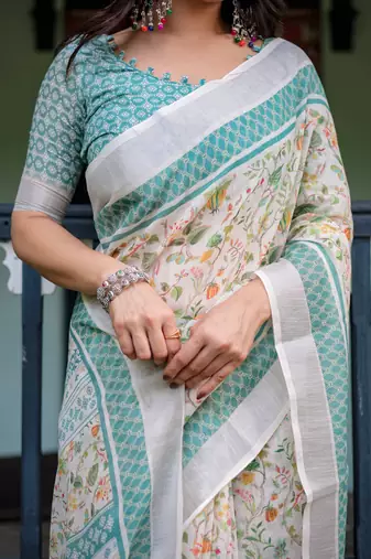 cream colour Ready to wear saree with unstitched blouse