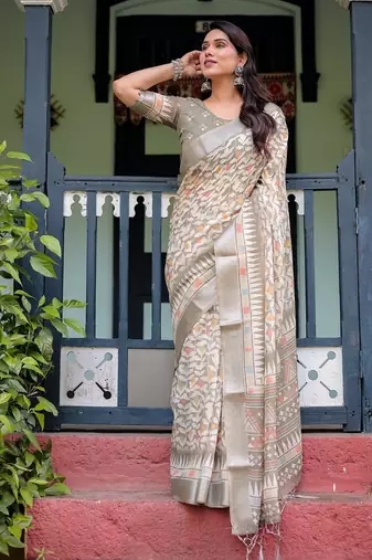 grey colour Ready to wear saree with unstitched blouse