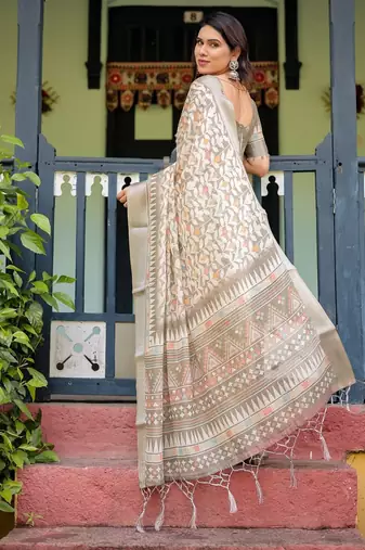 grey colour Ready to wear saree with unstitched blouse