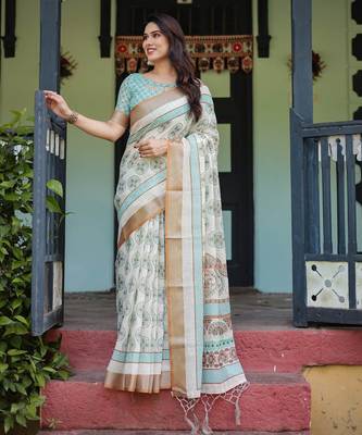 beige colour Ready to wear saree with unstitched blouse 2