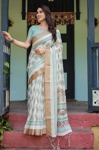 beige colour Ready to wear saree with unstitched blouse