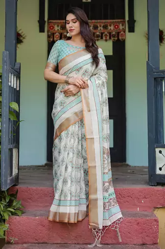beige colour Ready to wear saree with unstitched blouse