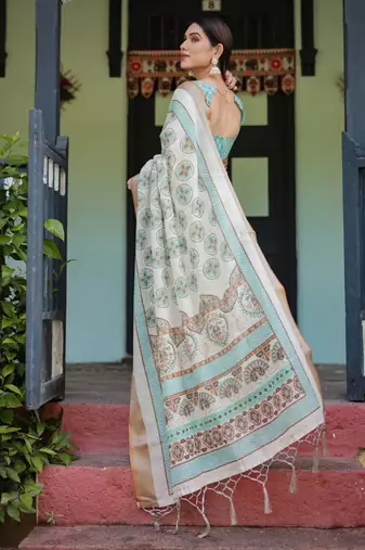 beige colour Ready to wear saree with unstitched blouse
