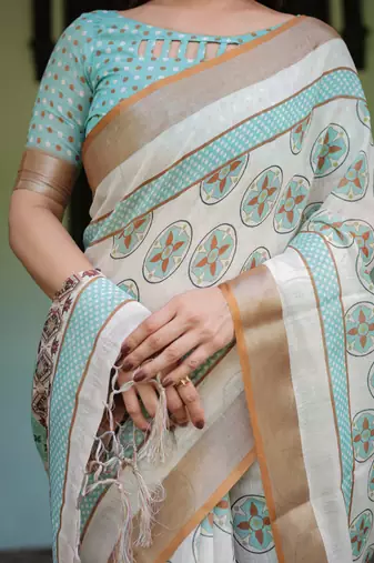 beige colour Ready to wear saree with unstitched blouse