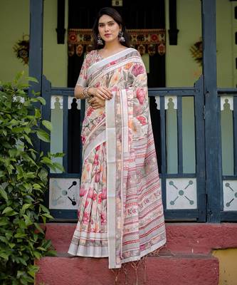 cream colour Ready to wear saree with unstitched blouse 2