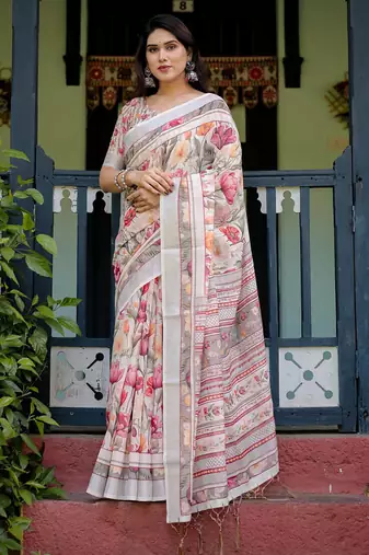 cream colour Ready to wear saree with unstitched blouse