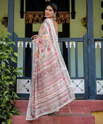 cream colour Ready to wear saree with unstitched blouse 3