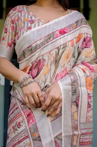 cream colour Ready to wear saree with unstitched blouse