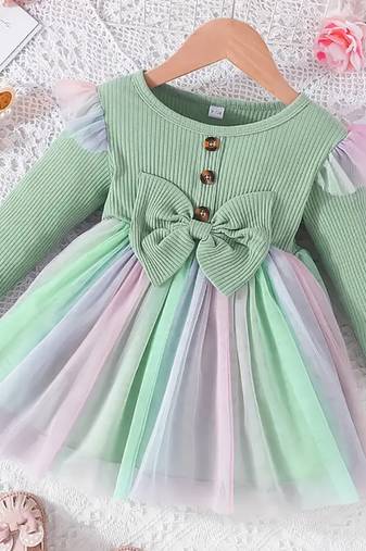 Mint green ribbed bow tulle party wear girls dress